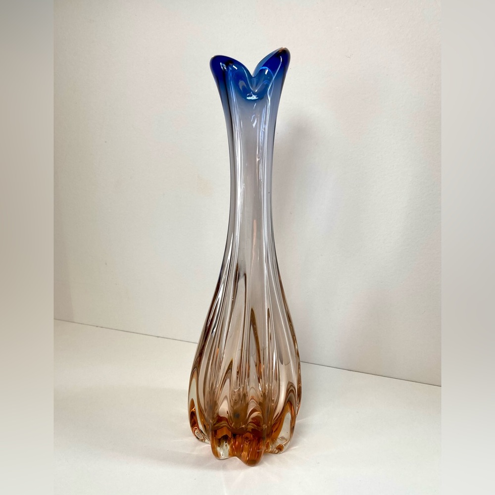 Stretch Vase in Purple/Blue, Clear, and Peach/Orange, Murano Style Art Glass